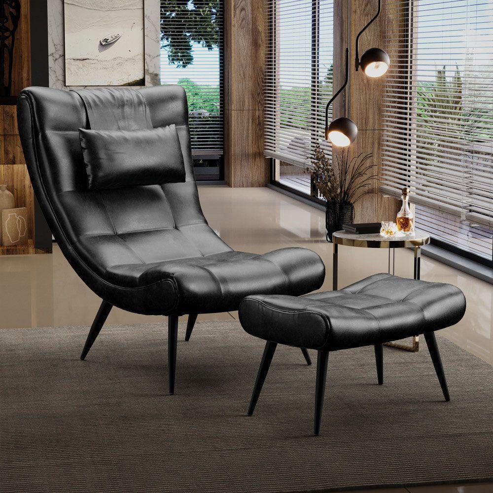 Kit 01 Poltrona E 01 Puff Sher Corano Pés De Ferro Cor Preto - 4