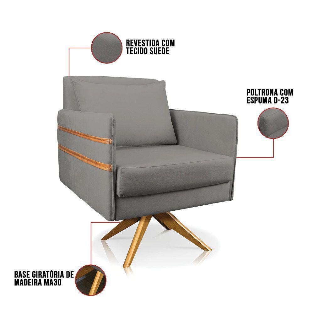 Poltrona Giratória Mari Suede Grafite Base De Madeira Ma30 - 5