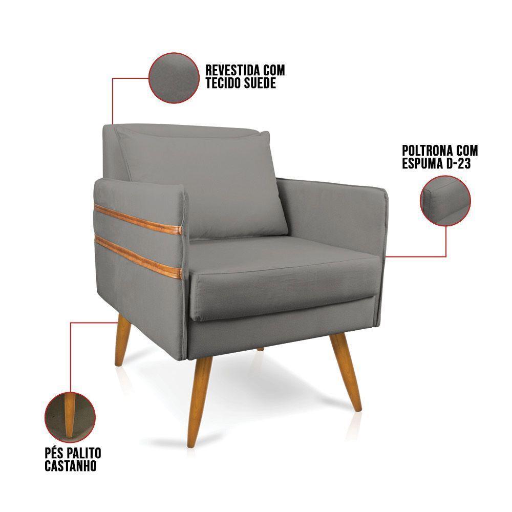 Kit 02 Poltronas Mari Suede Pés Palito Castanho Grafite - 4