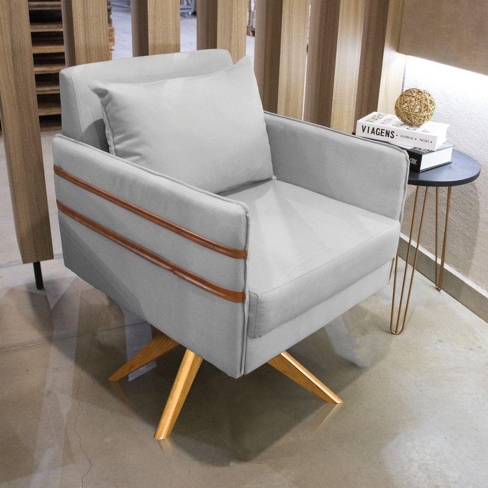 Poltrona Giratória Mari Suede Cinza Base De Madeira Ma30 - 8