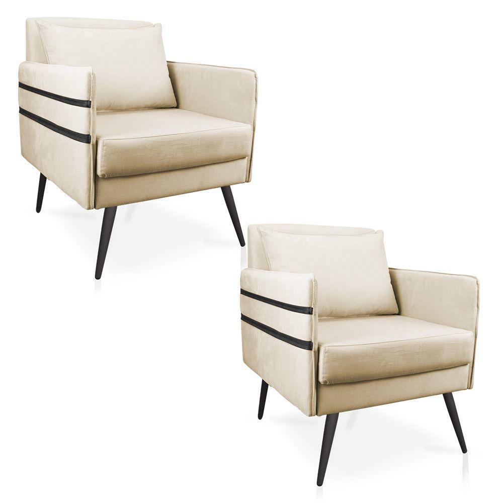 Kit 02 Poltronas Mari Suede Bege Pés Palito De Ferro Preto - 1