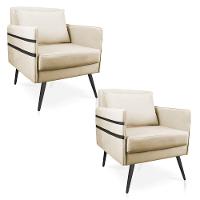 Kit 02 Poltronas Mari Suede Bege Pés Palito De Ferro Preto - 1