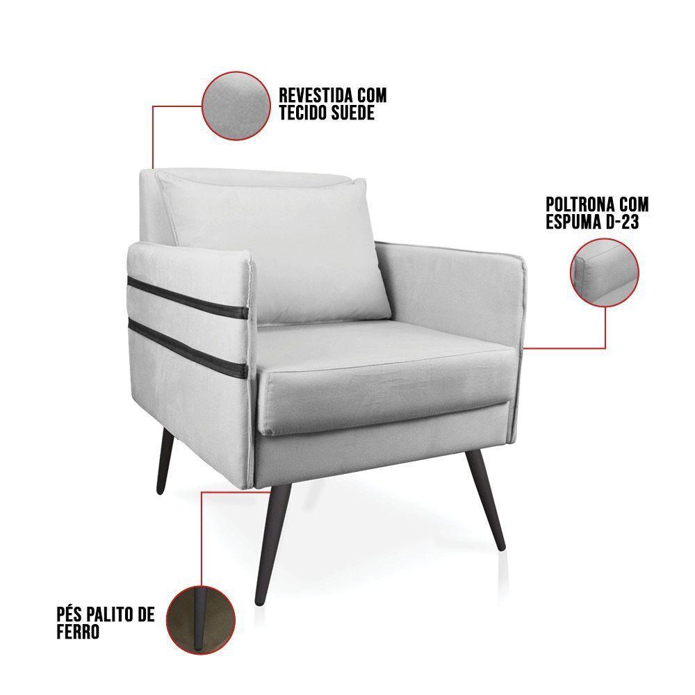 Kit 02 Poltronas Mari Suede Pés Palito De Ferro Preto Cinza - 10