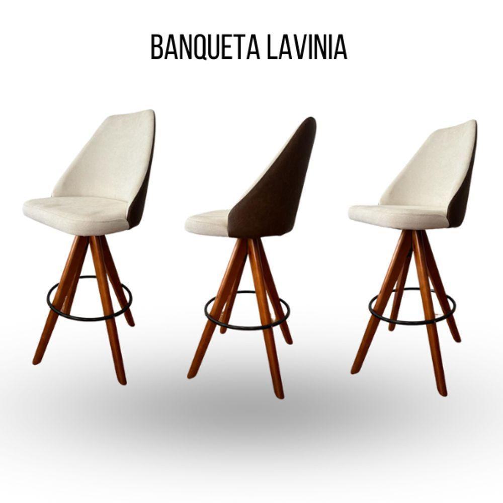 Banqueta Lavínia Giratória Revestida Em Tecido Linho Bege C/ Detalhe Courino Marrom Cor Creme - 5