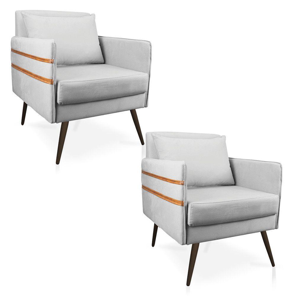 Kit 02 Poltronas Mari Suede Pés Palito De Ferro Marrom Cinza - 1