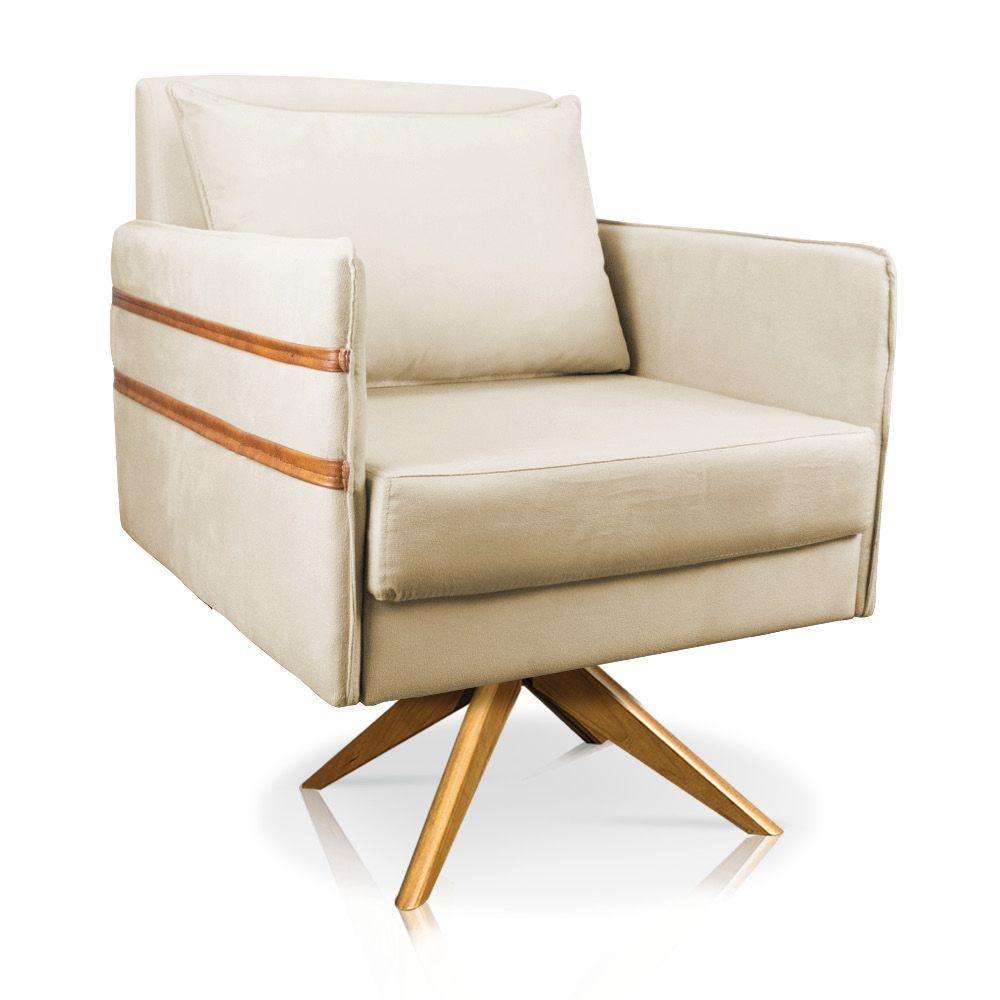 Poltrona Giratória Mari Suede Bege Base De Madeira Ma30 - 1