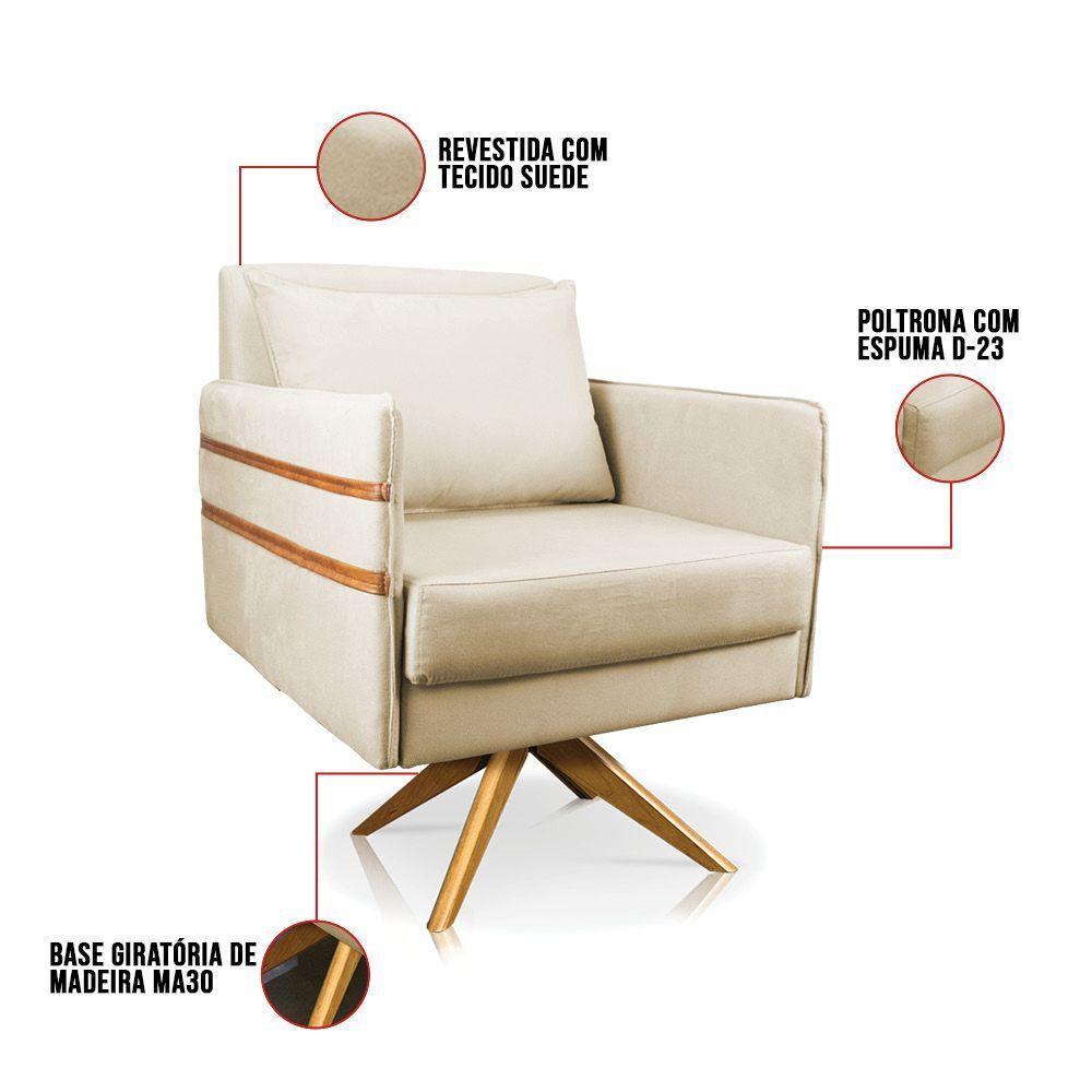 Poltrona Giratória Mari Suede Bege Base De Madeira Ma30 - 5