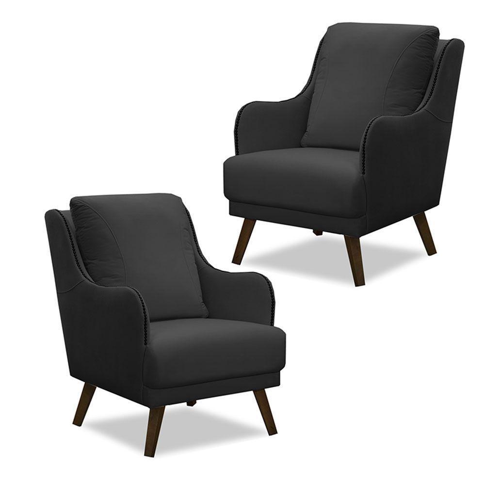 Kit 2 Poltronass Catar Com Tachas Veludo Cinza Chumbo - 1