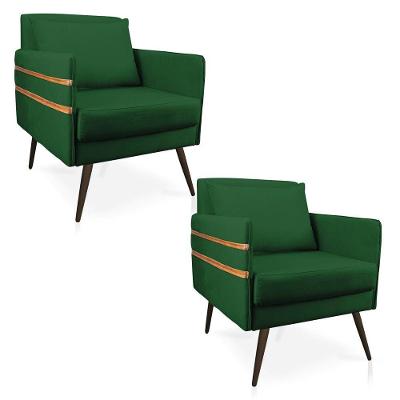 Kit 02 Poltronas Mari Suede Pés Palito De Ferro Marrom Verde