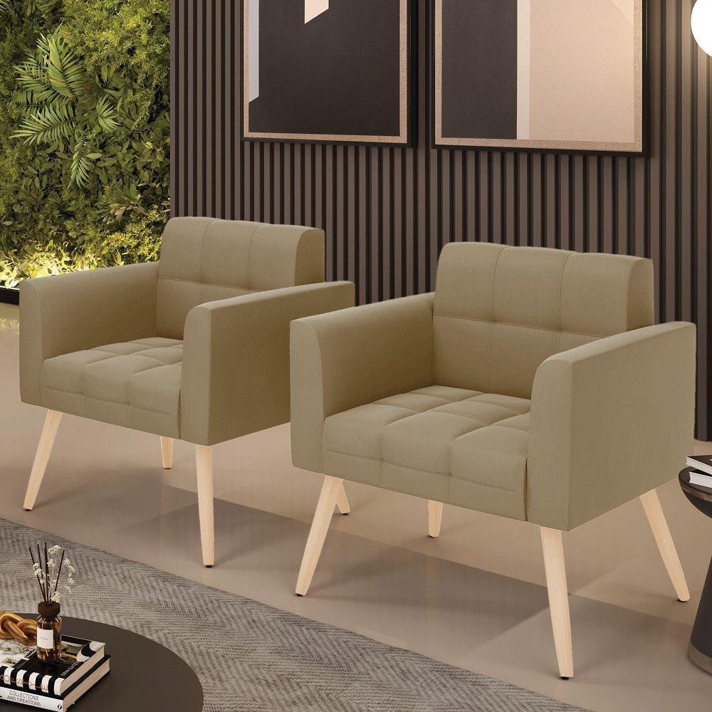 Kit 2 Poltronas Elisa Suede Marrom Rato Pés Palito Natural - D'rossi - 2