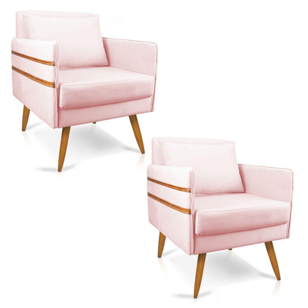 Kit 02 Poltronas Mari Suede Pés Palito Castanho Rosa Bebê - 1