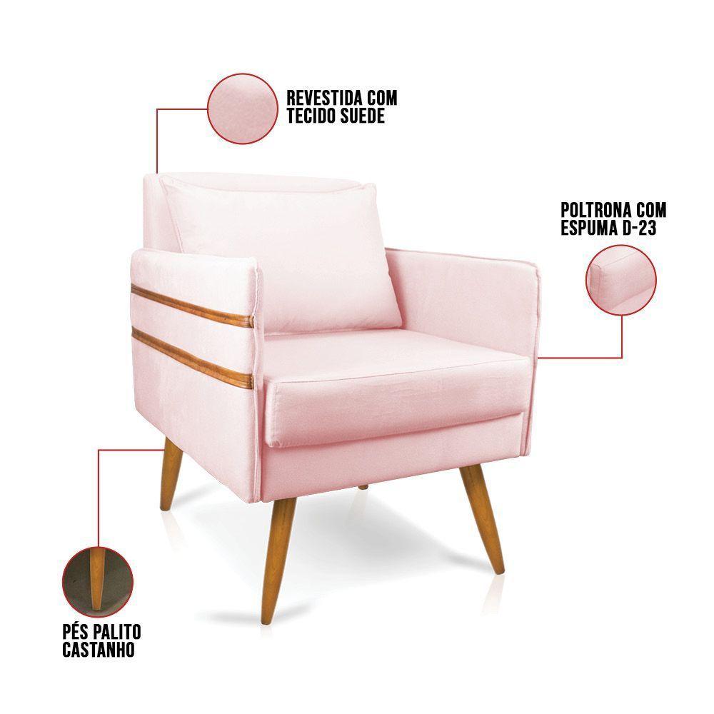 Kit 02 Poltronas Mari Suede Pés Palito Castanho Rosa Bebê - 5