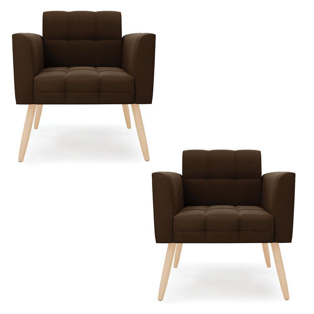 Kit 2 Poltronas Elisa Suede Marrom Pés Palito Natural - D'rossi - 1