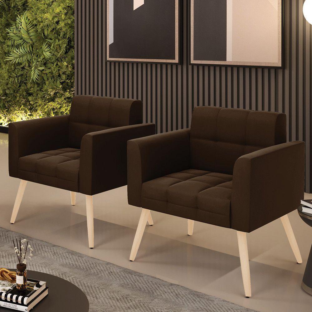 Kit 2 Poltronas Elisa Suede Marrom Pés Palito Natural - D'rossi - 5