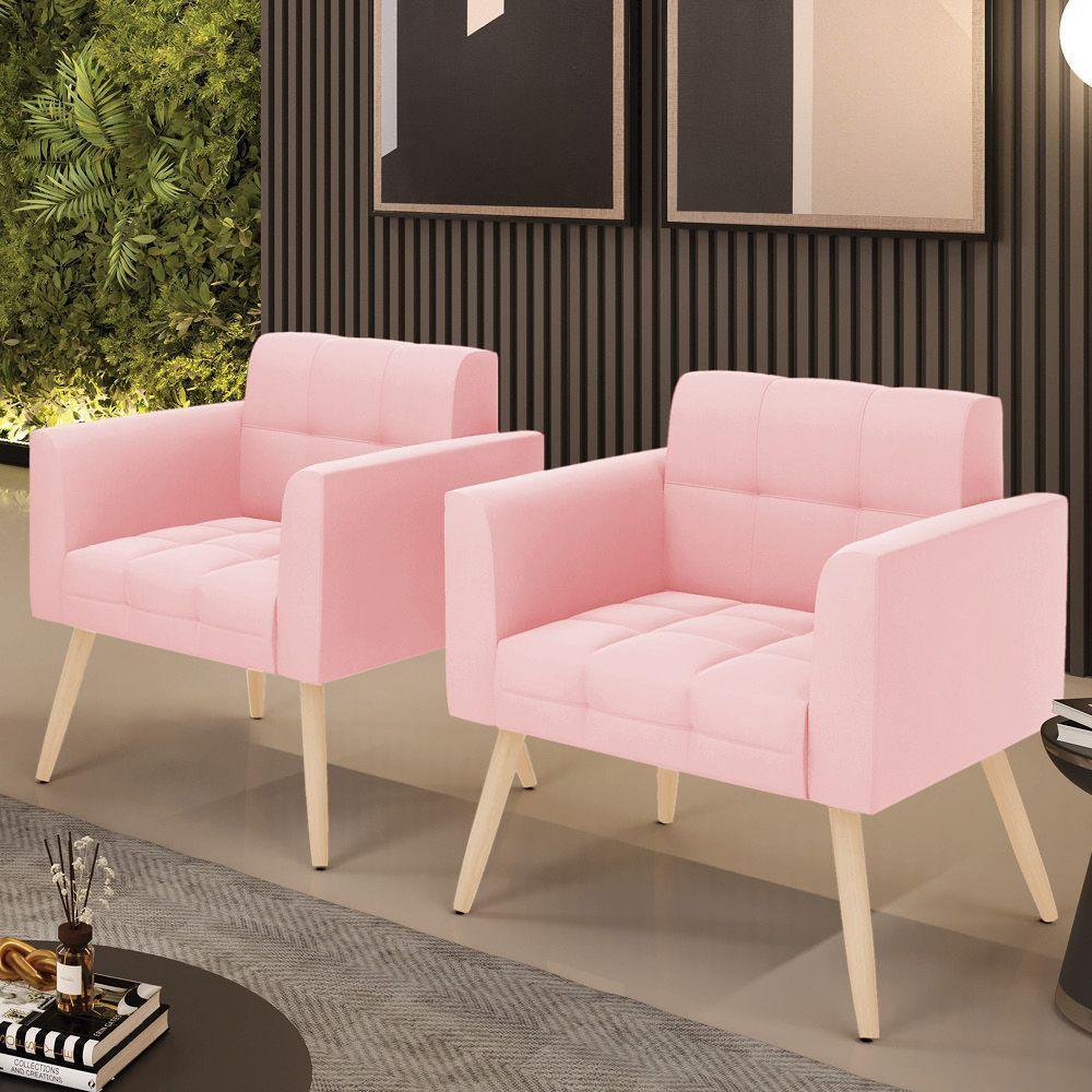 Kit 2 Poltronas Elisa Suede Rosa Bebê Pés Palito Natural - D'rossi - 4