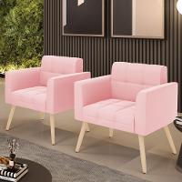 Kit 2 Poltronas Elisa Suede Rosa Bebê Pés Palito Natural - D'rossi