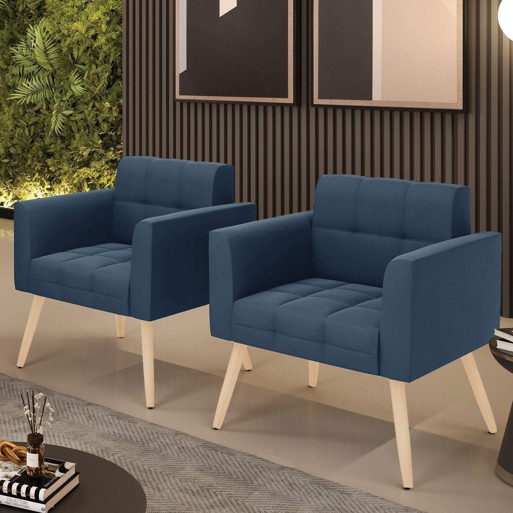 Kit 2 Poltronas Elisa Suede Pés Palito Natural - D'rossi Cor Azul Marinho - 5