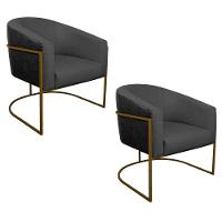 Kit 02 Poltronas Base de Ferro Preto e Linho Cinza Escuro - 1