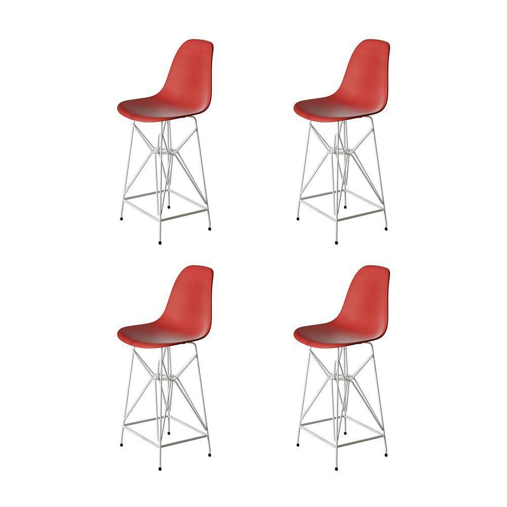 Kit 4 Banquetas Bistrô Alta Eames Vermelha Base Ferro Branco - Cor: Vermelho - 1