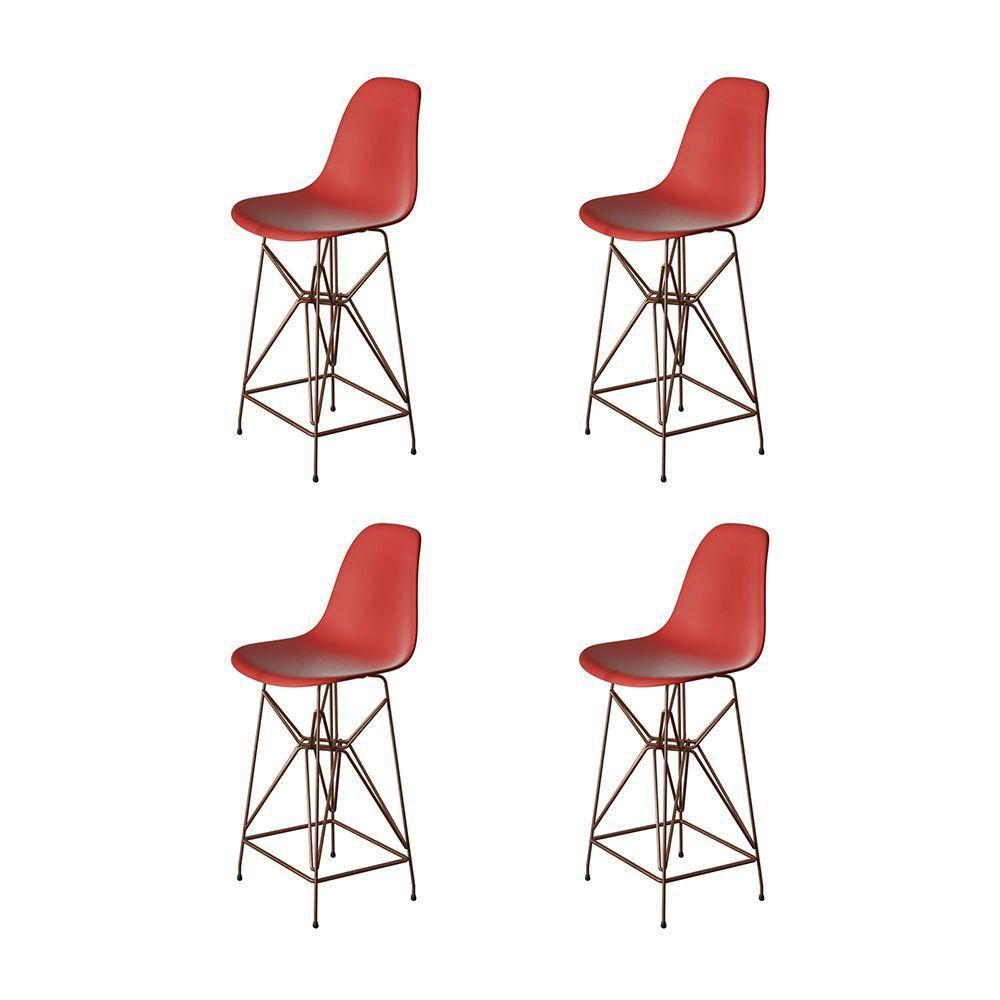 Kit 4 Banquetas Bistrô Alta Eames Vermelha Base Ferro Cobre - Cor: Vermelho - 1