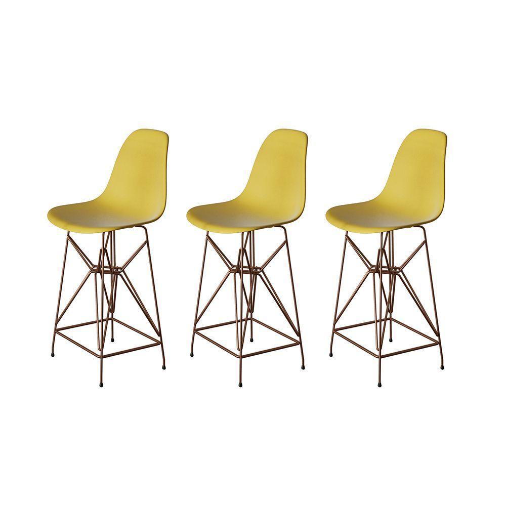 Kit 3 Banquetas Bistrô Alta Eames Amarela Base Ferro Cobre - Cor: Amarelo - 1