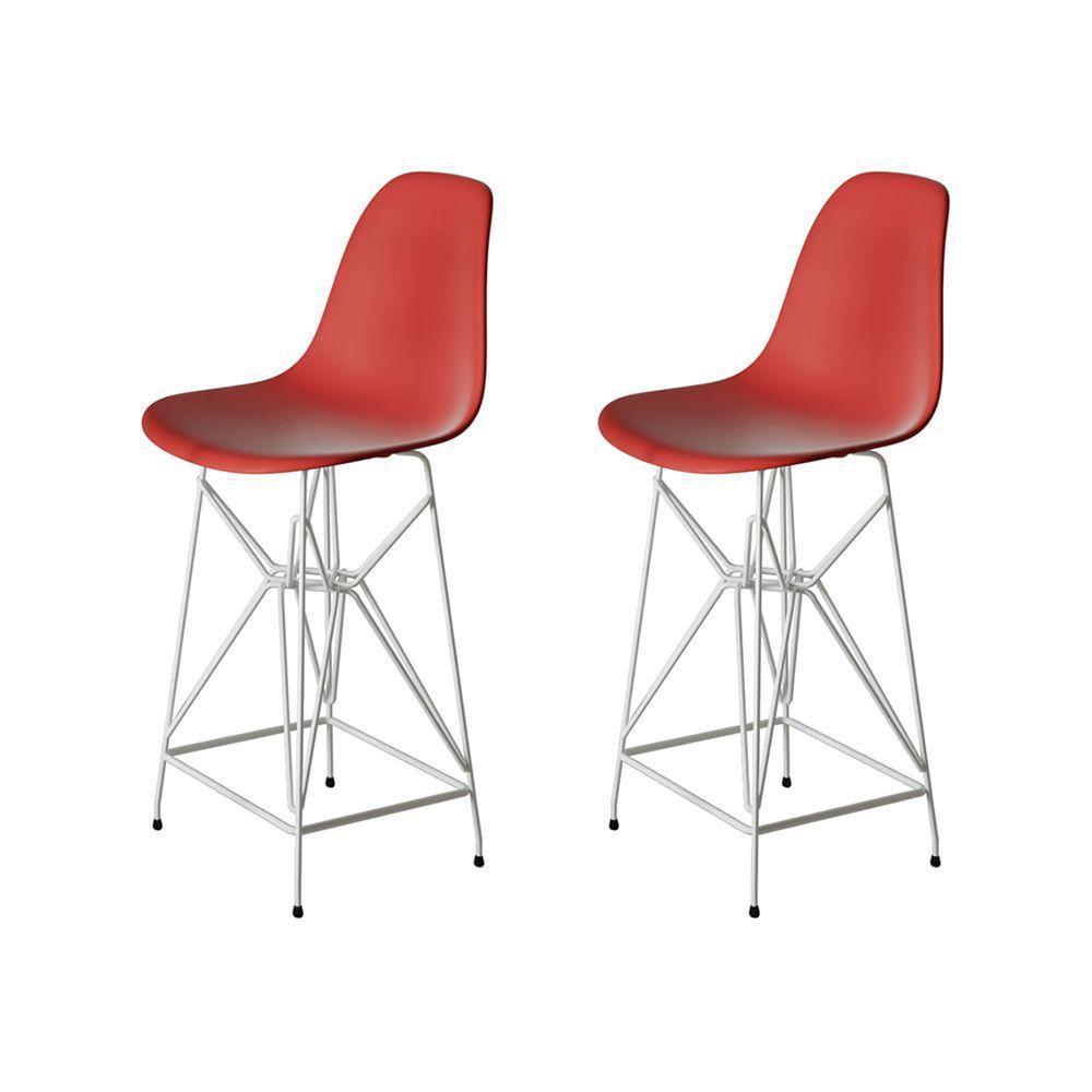 Kit 2 Banquetas Bistrô Alta Eames Vermelha Base Ferro Branco - Cor: Vermelho - 1