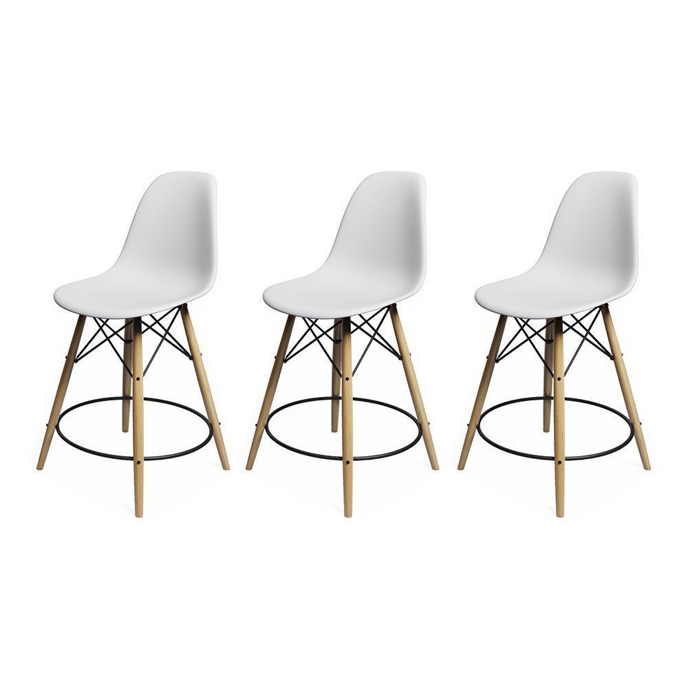 Kit 3 Banquetas Eames Eiffel De Madeira Assento Branco - Cor: Branco - 1