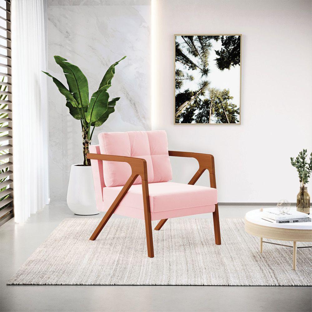 Kit 02 Poltronas Suede Rosa Bebê Base De Madeira Castanho - 8