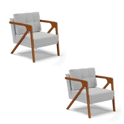 Kit 02 Poltronas Suede Cinza Base De Madeira Castanho
