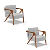 Kit 02 Poltronas Suede Cinza Base De Madeira Castanho - 1