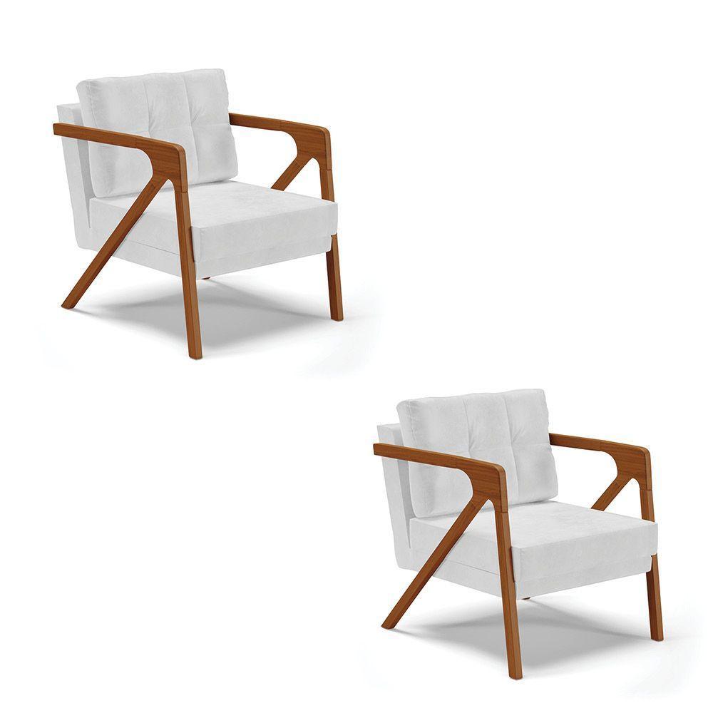 Kit 02 Poltronas Corano Base De Madeira Castanho Branco - 1