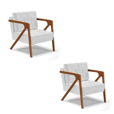Kit 02 Poltronas Corano Base De Madeira Castanho Branco