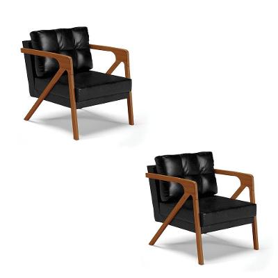 Kit 02 Poltronas Corano Base De Madeira Castanho Preto