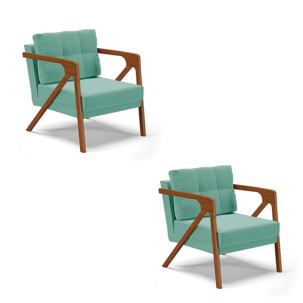 02 Poltronas Suede Base De Madeira Castanho Azul Turquesa - 1