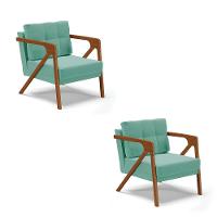 02 Poltronas Suede Base De Madeira Castanho Azul Turquesa - 1