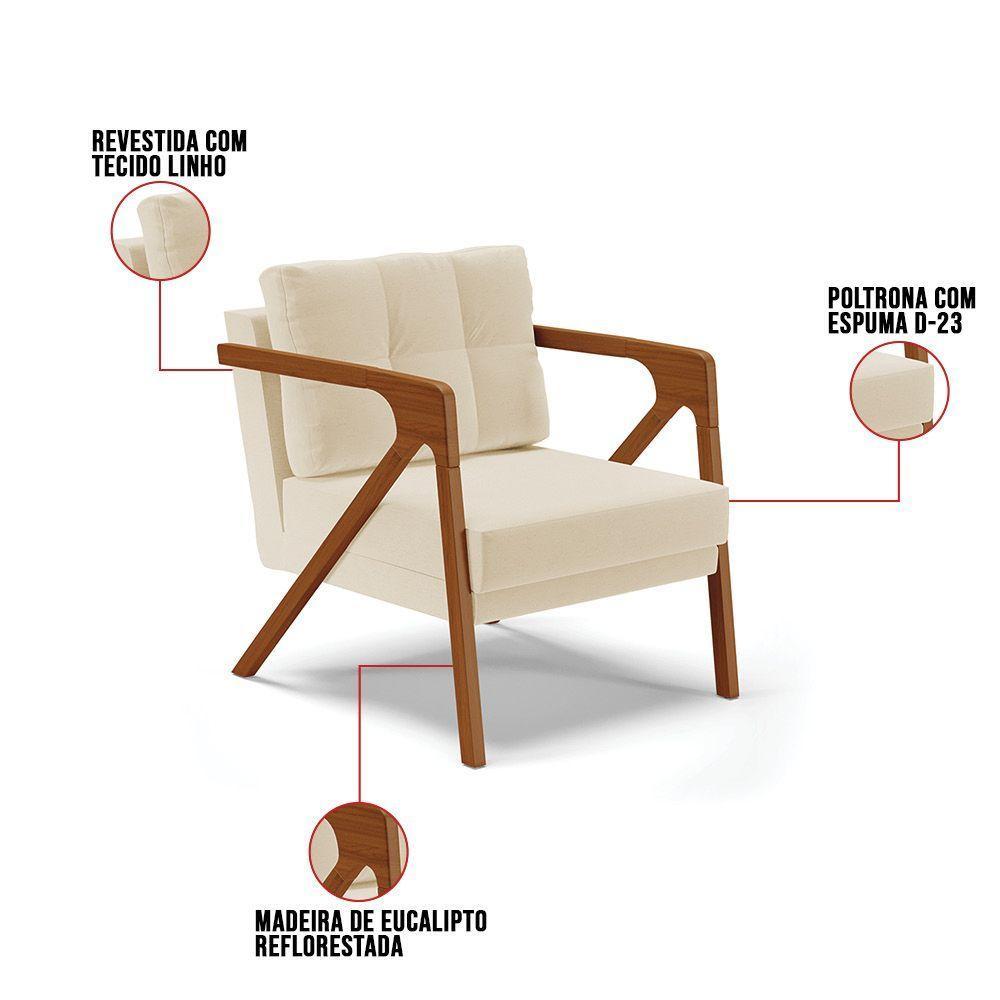 Poltrona Linho Base De Madeira Castanho A19 Grosso Bege - 2