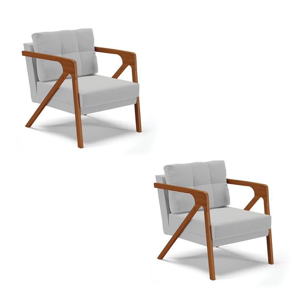 Kit 02 Poltronas Suede Base De Madeira Castanho Cinza - 1