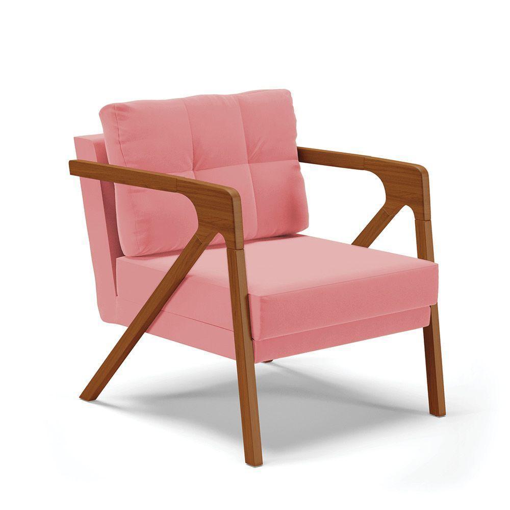 Poltrona Melissa Suede Base De Madeira Castanho Cor Rose - 1