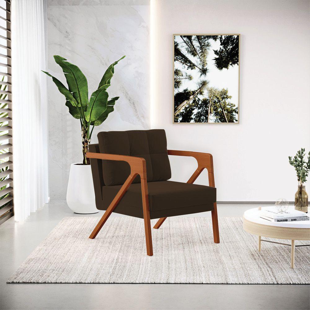 Kit 02 Poltronas Suede Base De Madeira Castanho Marrom - 8