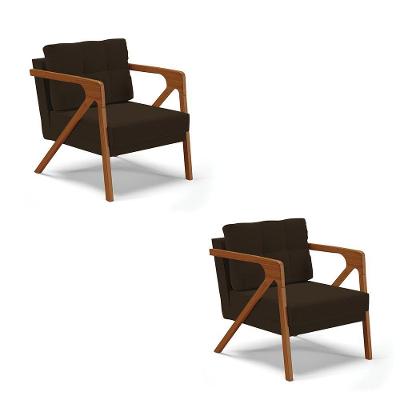 Kit 02 Poltronas Suede Base De Madeira Castanho Marrom