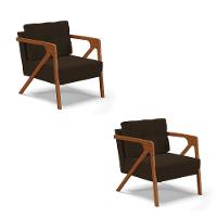 Kit 02 Poltronas Suede Base De Madeira Castanho Marrom - 1