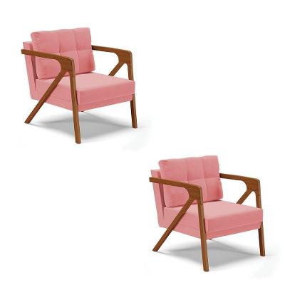 Kit 02 Poltronas Melissa Suede Base De Madeira Castanho Rose
