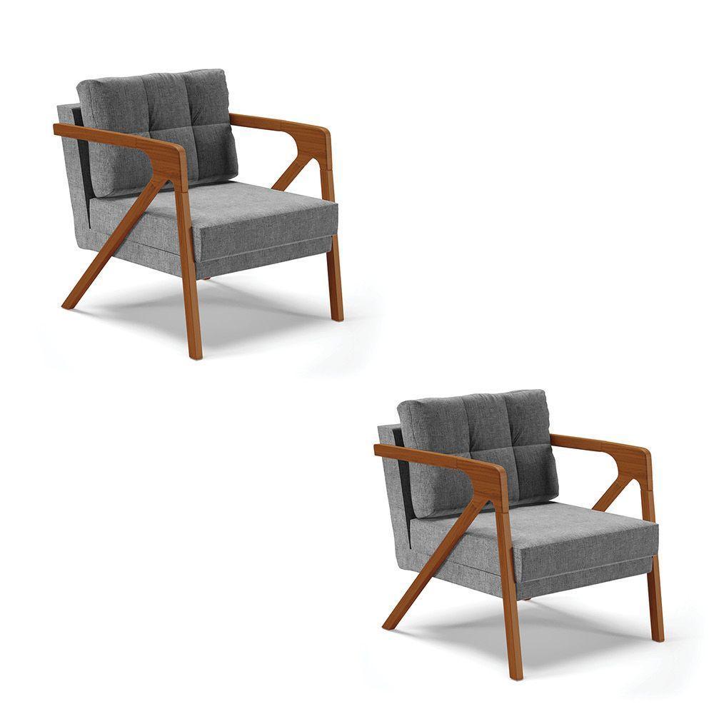 Kit 02 Poltronas Linho Base De Madeira Castanho A26 Grafite - 1