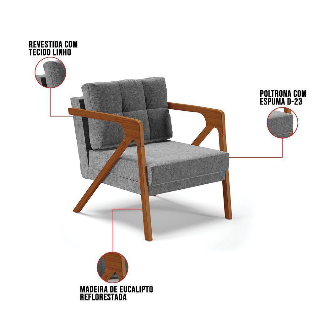 Kit 02 Poltronas Linho Base De Madeira Castanho A26 Grafite - 2