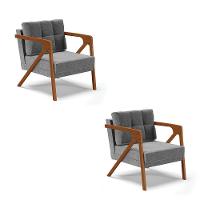 Kit 02 Poltronas Linho Base De Madeira Castanho A26 Grafite - 1