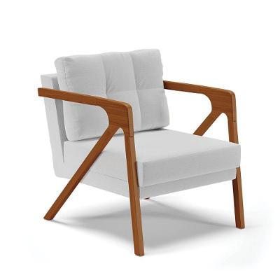 Poltrona Linho Base De Madeira Castanho A05 Cinza Claro