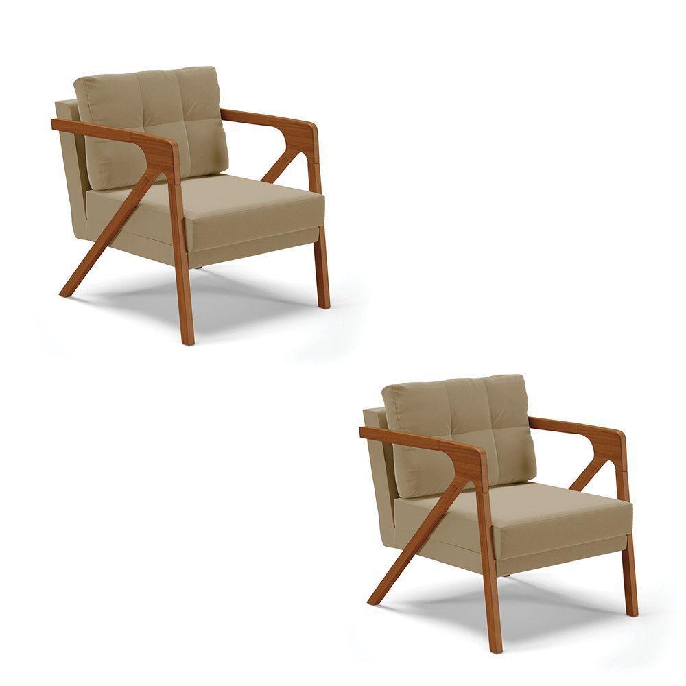 Kit 02 Poltronas Suede Base De Madeira Castanho Marrom Rato - 1