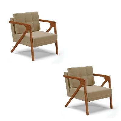 Kit 02 Poltronas Suede Base De Madeira Castanho Marrom Rato