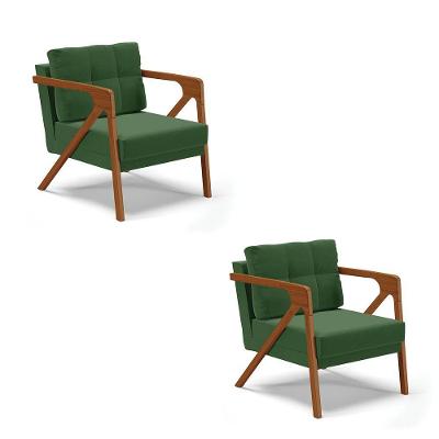 Kit 02 Poltronas Suede Base De Madeira Castanho Verde
