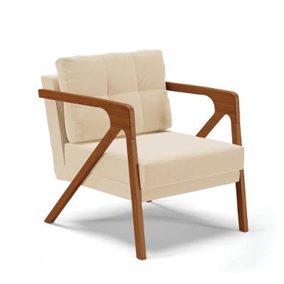 Poltrona Melissa Suede Base De Madeira Castanho Cor Bege